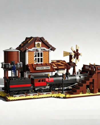 Retro Old Western Cowboy Railway Station Street View Assembled Building Blocks Model